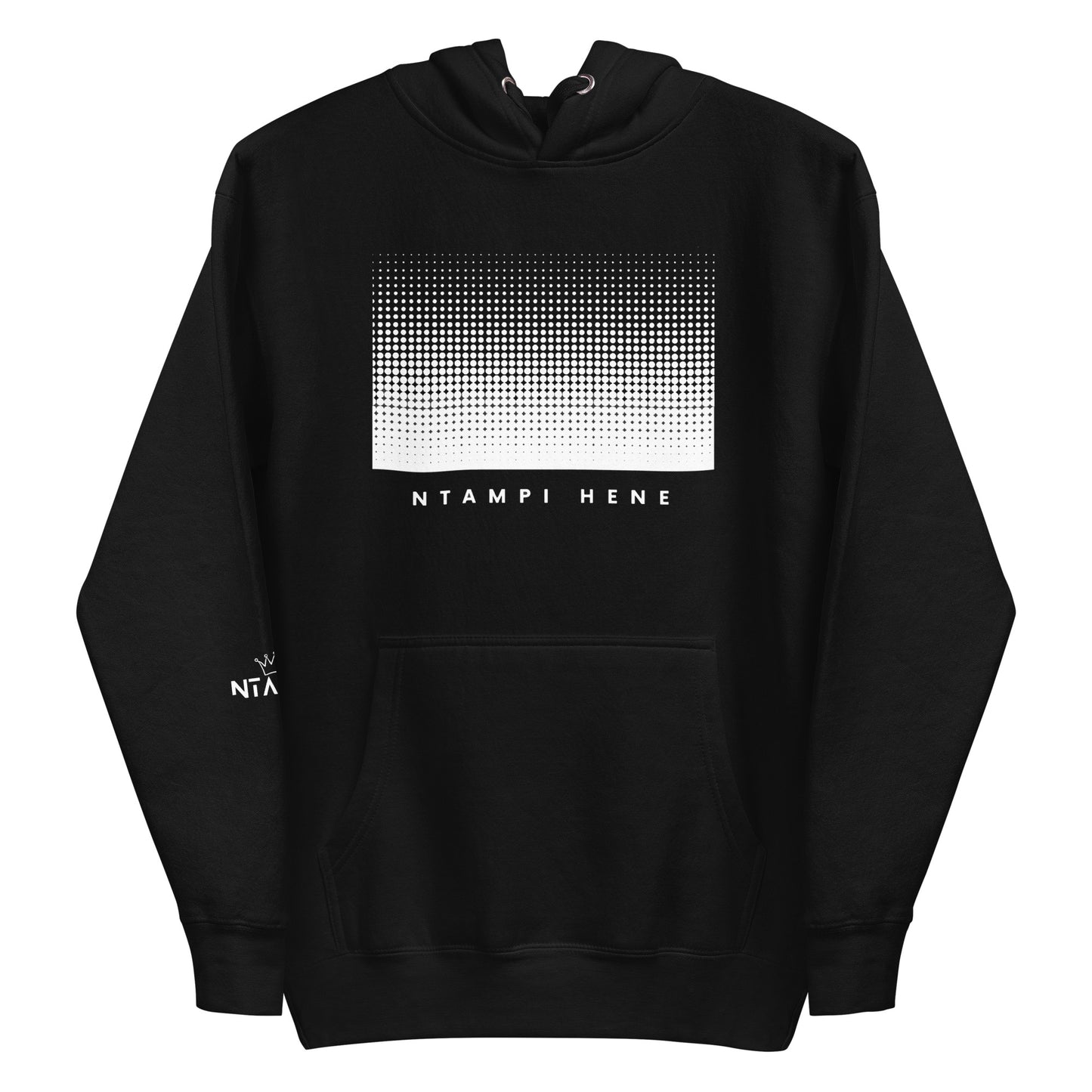 Black unisex hoodie with a geometric gradient design and the text 'NTAMPI HENE' on the front.