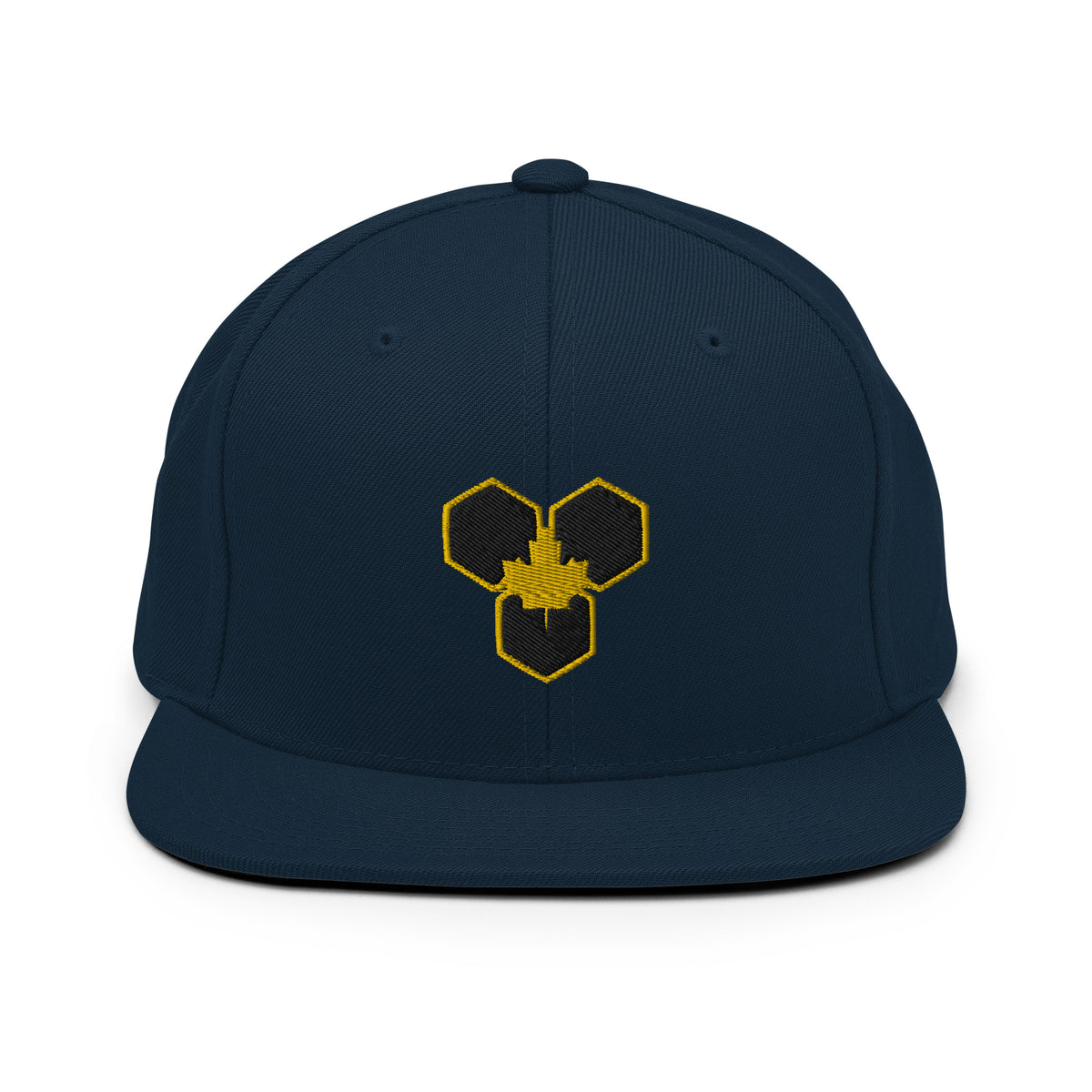 A navy blue snapback cap with a geometric logo in yellow on the front.