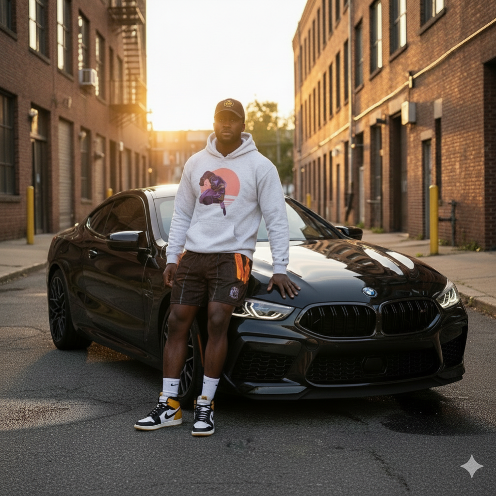 Person standing next to a black BMW car on an urban street with buildings in the background.