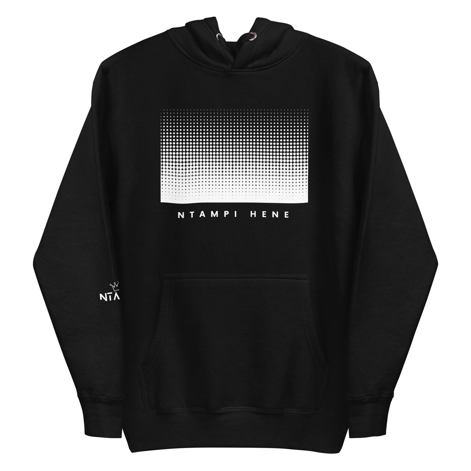Black unisex hoodie with a geometric gradient design and the text 'NTAMPI HENE' on the front.