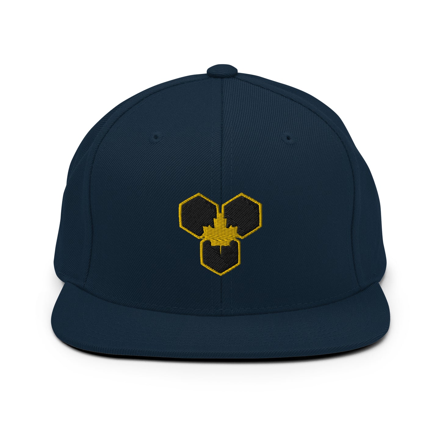 A navy blue snapback cap with a geometric logo in yellow on the front.
