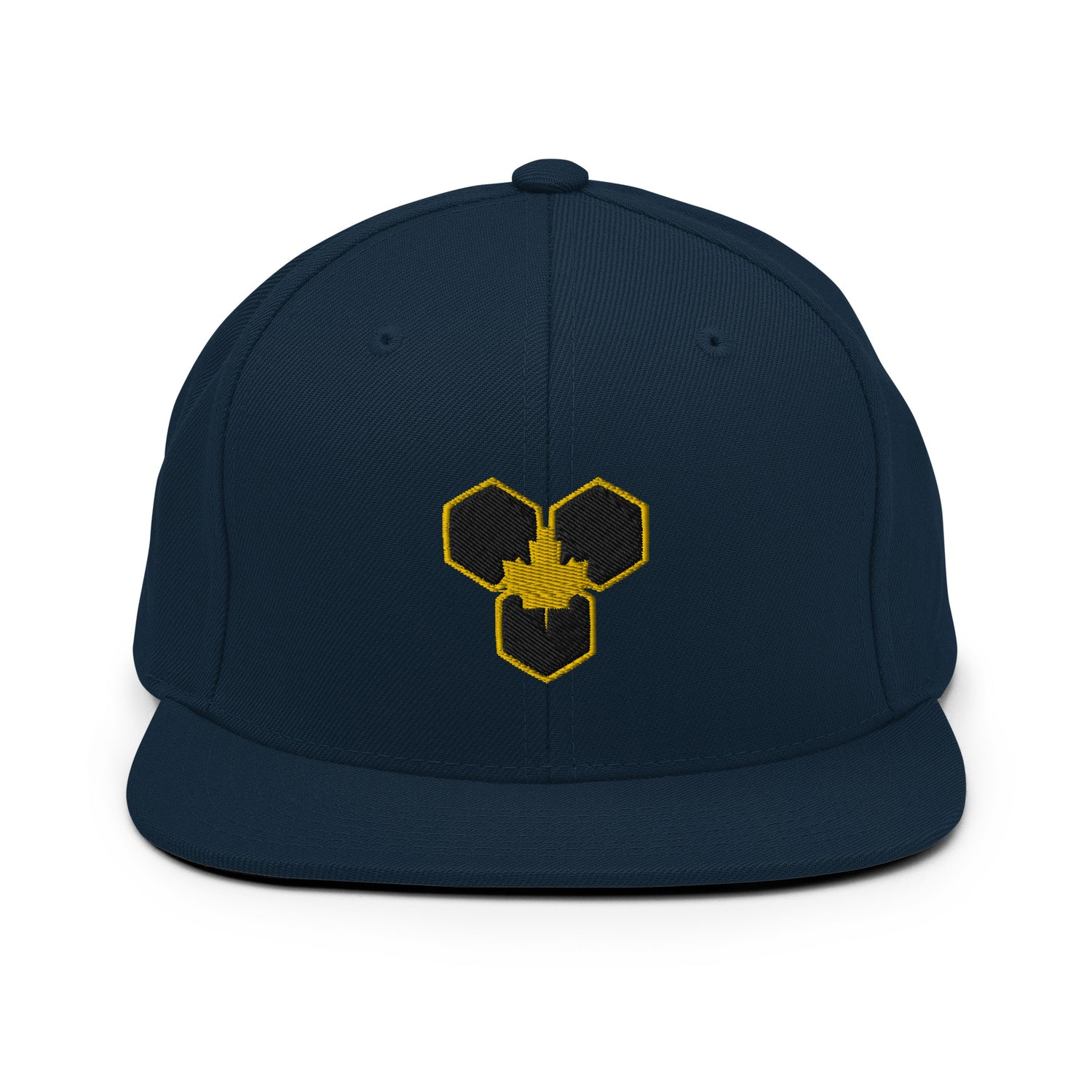 A navy blue snapback cap with a geometric logo in yellow on the front.