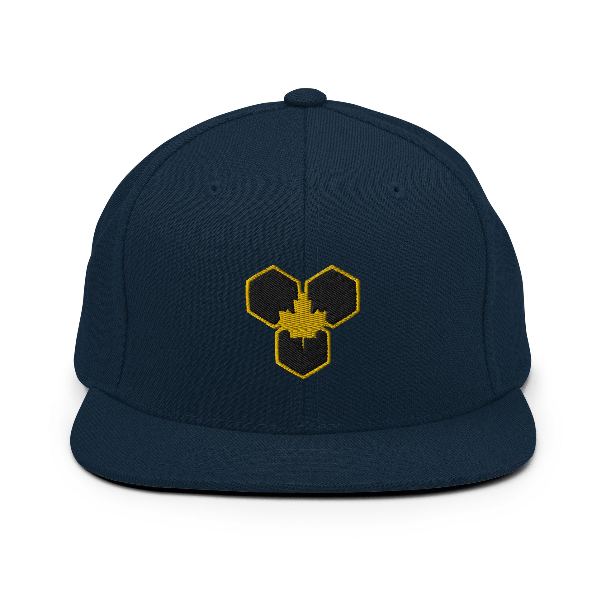 A navy blue snapback cap with a geometric logo in yellow on the front.