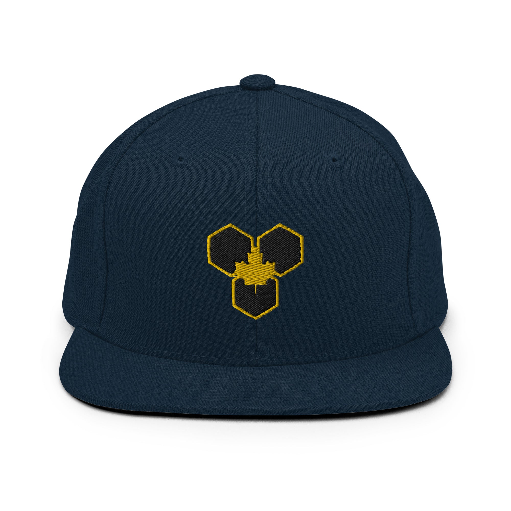 A navy blue snapback cap with a geometric logo in yellow on the front.